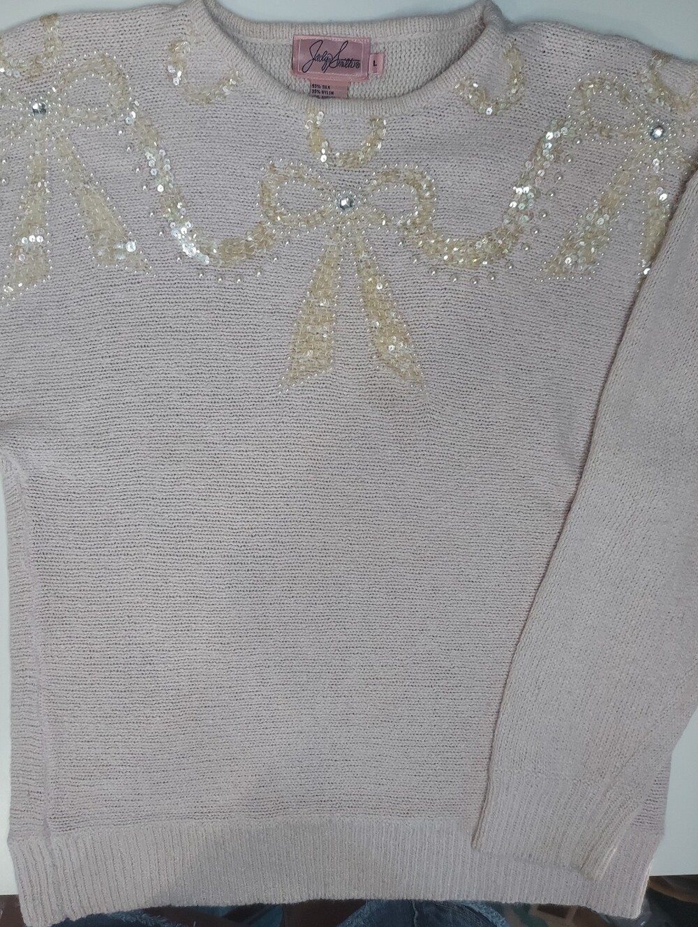Jaclyn Smith Pale Pink Sequin Bow Crewneck Sweater
